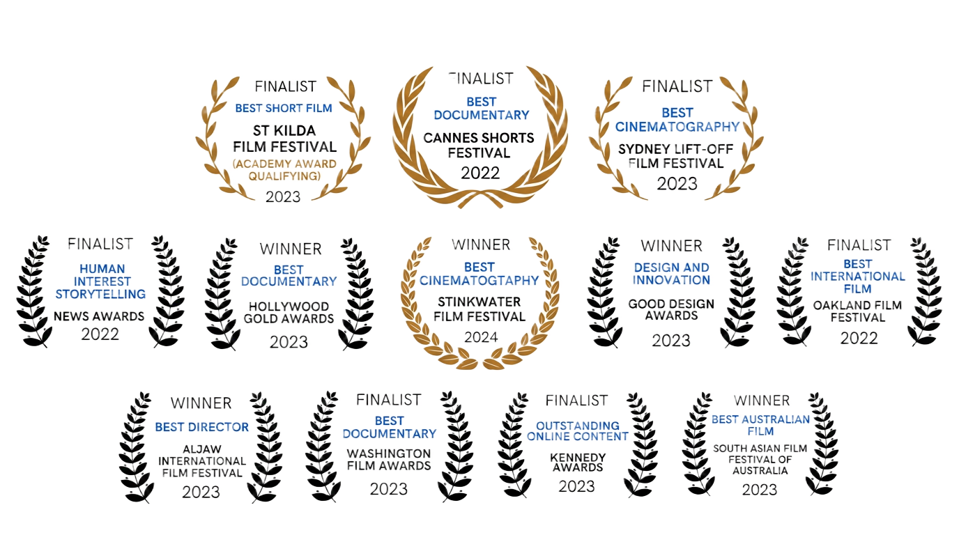 Festival laurels — winner and finalist honours including Stinkwater 2024, St Kilda 2023, Cannes Shorts 2022, Hollywood Gold Awards, Good Design, Kennedy Awards and more